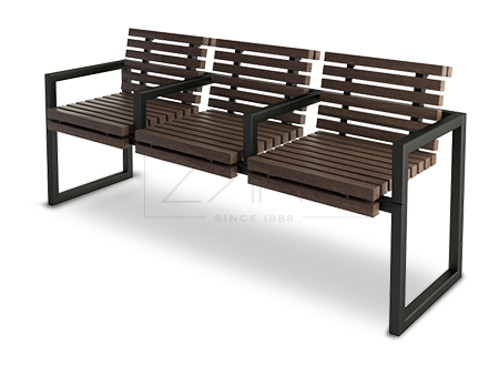 Wooden bench with metal frame and comfortable armrests