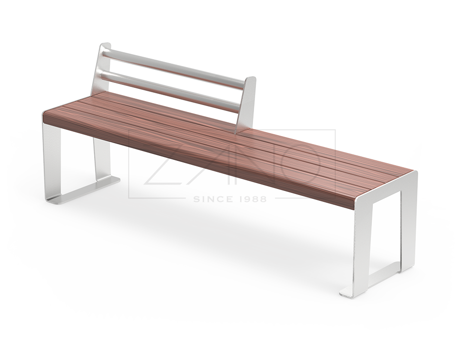 Reliq city bench made of stainless steel and wood, with half backrest