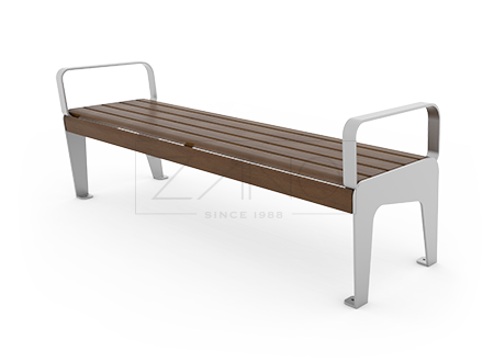 Park bench with armrests made in stainless steel and spruce wood lacquered in Walnut color