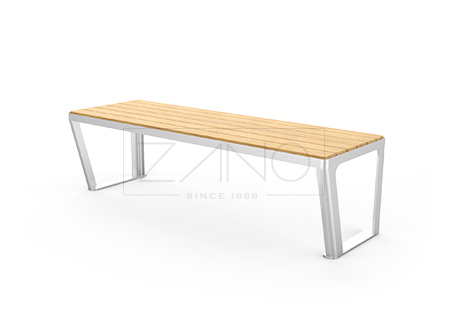 modern city bench without backrest. Simple, elegant made of stainless steel and spruce wood