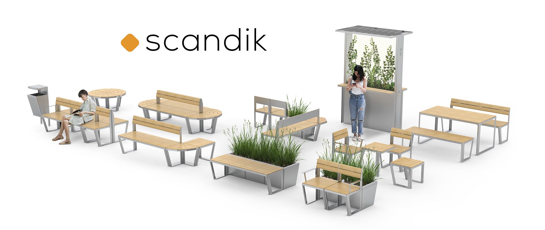 Scandik urban furniture: benches, flower pots, trash garbage cans, solar station