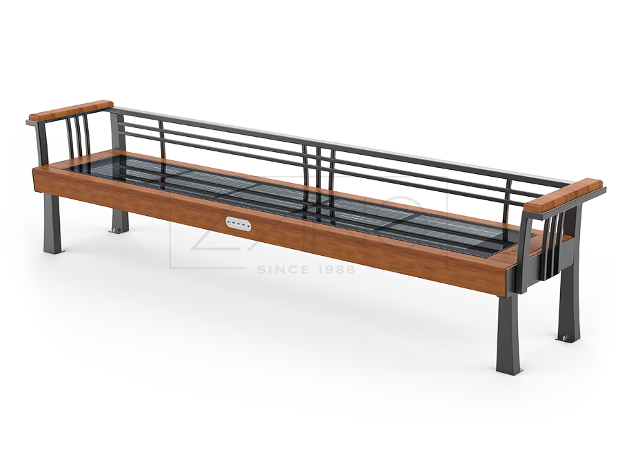 Retro style urban solar bench constructed of painted carbon steel and wood