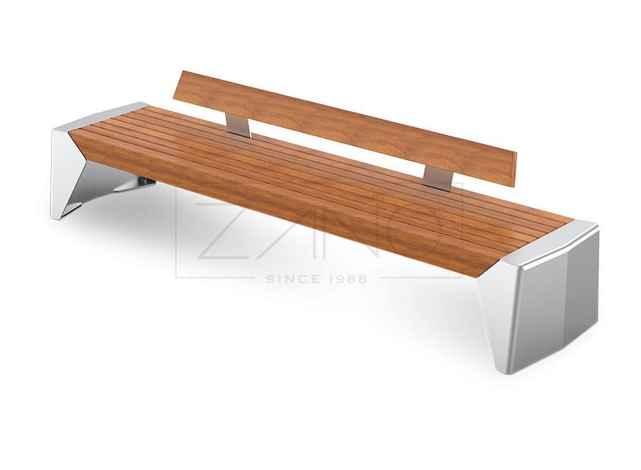 Long park bench with backrest constructed of stainless steel and exotic wood