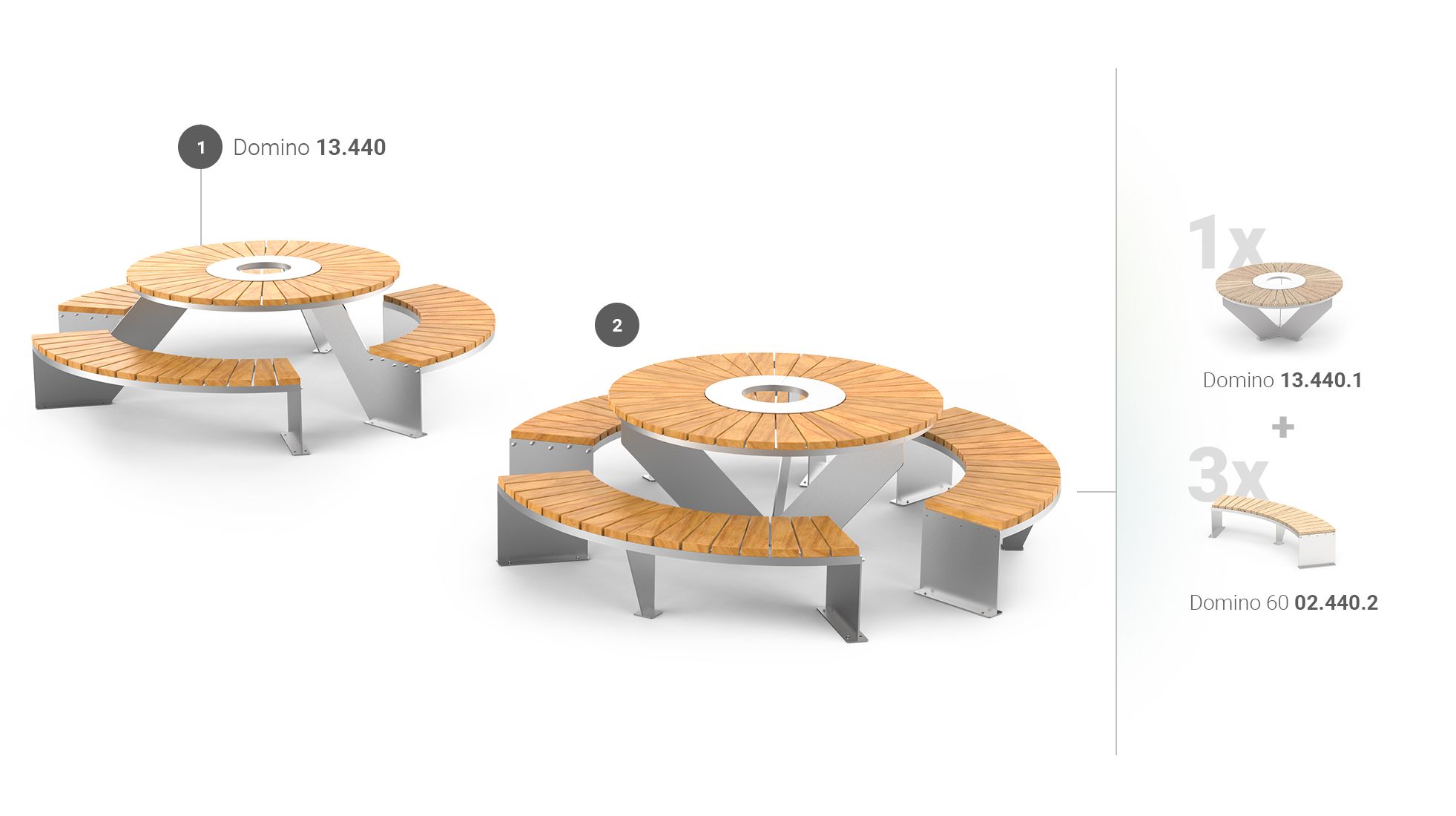 Outdoor round picnic tables in stainless steel and exotic wood