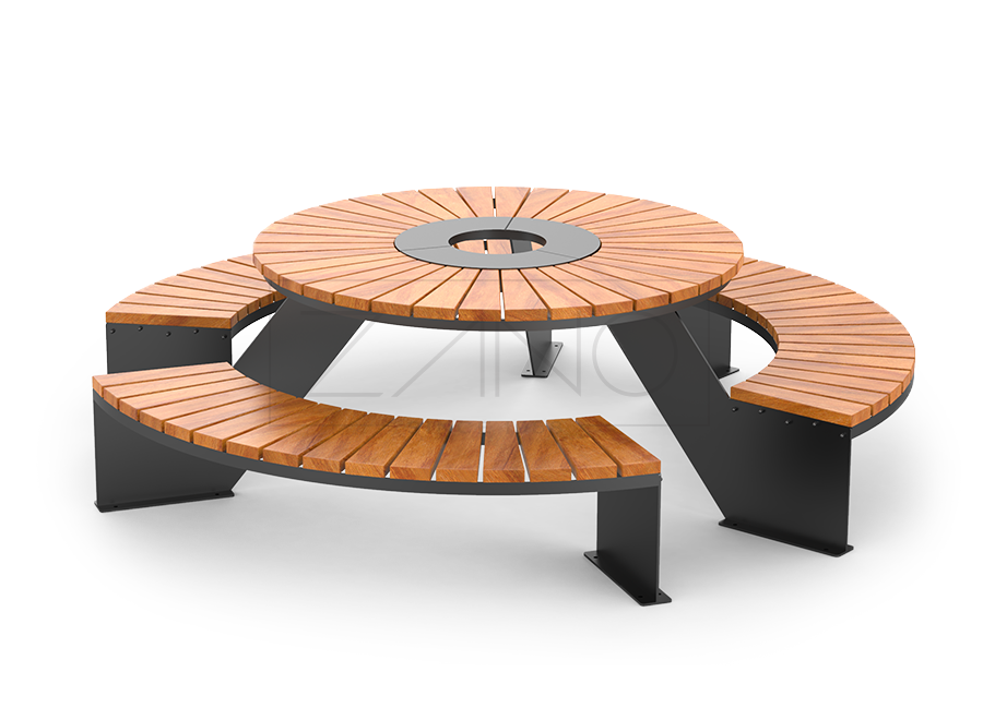 Park table with three integrated benches made of structural steel, painted and exotic wood