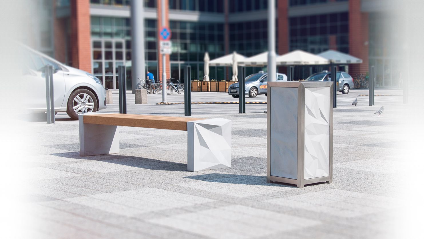 Concrete benches and trash garbage cans from the Trigono series